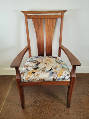 Beautiful Waterfall style chair in walnut wood. Floral fabric upholstered cushion seat. Handmade on the East Coast. 