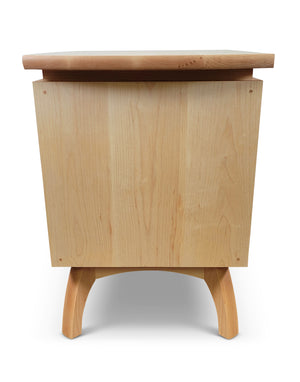 Side view of Mid-Century modern nightstand in maple with brushed chrome pulls made in Culpeper, Virginia