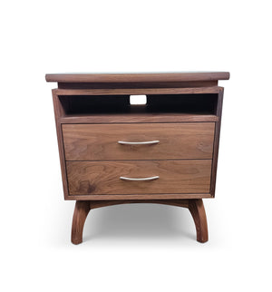 Front view of Mid-Century modern nightstand in walnut with brushed chrome pulls made in Culpeper, Virginia