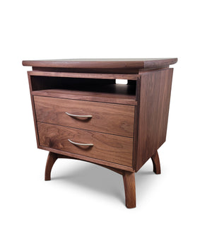 Mid-Century modern nightstand in walnut with brushed chrome pulls made in Culpeper, Virginia