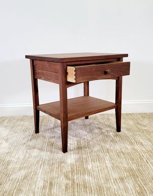 Modern Shaker 1-Drawer Nightstand in walnut showing dovetail joinery made by hand in Madison, VA