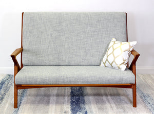 Holloway Loveseat shown in Cherry with danish oil finish. Tall back and mid-century modern design making an inviting place to sit. located in Arlington, Virginia