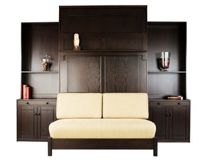 Sofa Wall Bed bedroom furniture unit includes nightstands, cabinet-bookcases, loveseat and cushions. Made in Culpeper, Virginia