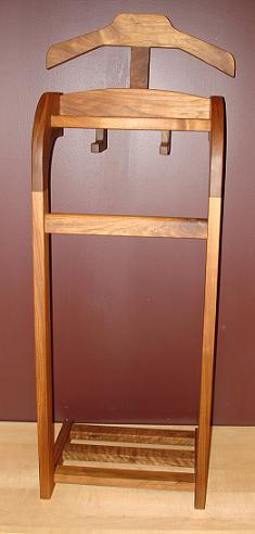 Wardrobe Valet Stand in Walnut - Husband's Furniture Gift that includes Suit & Clothing hanger, shoe bars and wallet/key tray