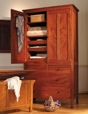 Craftsman 4-drawer Armoire with Craftsman Bench Chest in Mahogany Hardwood Bedroom Furniture made near Chevy Chase, Maryland