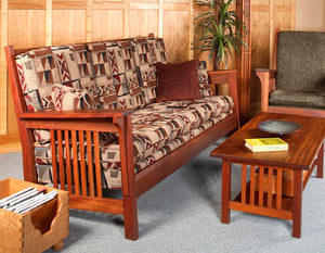 Parlor Loveseat Sofa shown w/ Chair and Crofters Coffee Table in Mahogany, sustainable hardwood handmade interior furniture