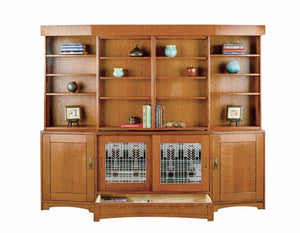 Custom Artisan Entertainment Library in 1/4-Sawn White Oak with English Oak stain and custom art glass by Hardwood Artisans