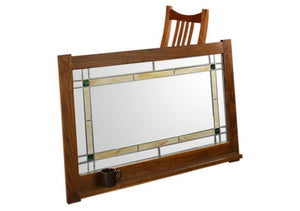 Craftsman Mirror w/ Art glass and shown with a chair is versatile solid wood wall decor that pairs nicely w/ any living space