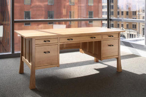 Glasgow Professional Desk in Natural Cherry, has center keyboard tray or pencil drawer, 1 drawer & 1 file drawer on ea. side