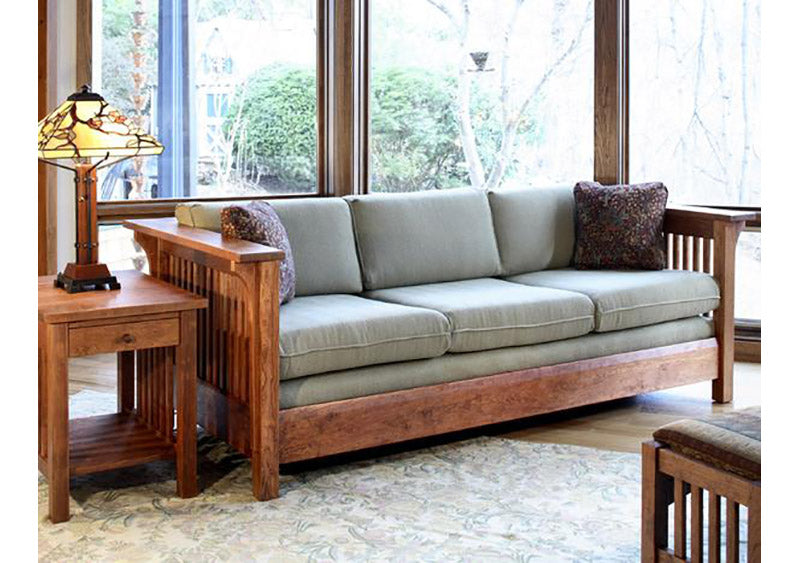 Crofters Loose Seat Sofa shown w/ End Table in Cherry w/ Mahogany Wash custom quality, sustainable, home or office furniture