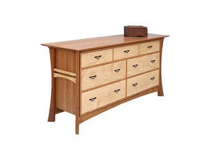 Custom Waterfall Grand Mesa in Natural Cherry and Curly Maple shows a solid bedroom furniture dresser by Hardwood Artisans