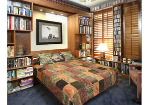 Library Wall Bed bedroom furniture cabinet comes with built-in reading lights, is custom made by Hardwood Artisans shown open