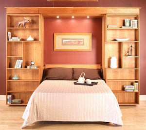 Library Wall Bed bedroom furniture, shelves slide open to reveal functional pull-out bed made to last by Hardwood Artisans