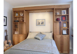 Library Wall Bed bedroom furniture cabinet comes with built-in reading lights, is made by Hardwood Artisans - shown closed