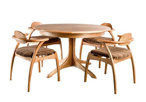 Walden Small Round Table shown with Linnaea Chairs and Upholstered Seats customized hardwood dining furniture Made in America