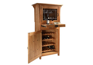 Craftsman Wine Cabinet w/ hand-assembled handles, leaded art glass, stemware racks, pull-out shelf, & wine storage cabinet
