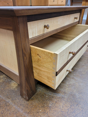Glasgow Map Chest in Walnut with Curly Maple accents. Deep second drawer with dovetail details. Made by Hardwood Artisans.