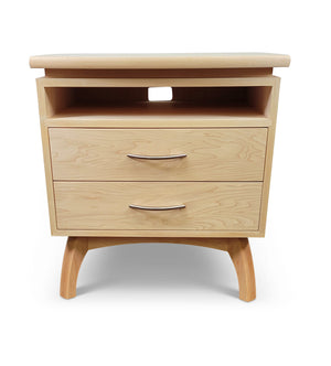 Front view of Mid-Century modern nightstand in maple with brushed chrome pulls made in Culpeper, Virginia