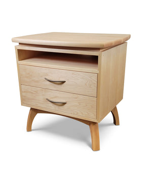 Mid-Century modern nightstand in maple with brushed chrome pulls made in Culpeper, Virginia
