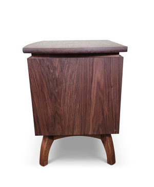 Side view of Mid-Century modern nightstand in walnut with brushed chrome pulls made in Culpeper, Virginia