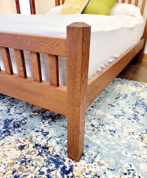 Close up footboard detail of Craftsman Bed in Quarter Sawn White Oak. Handmade in Northern VA. 