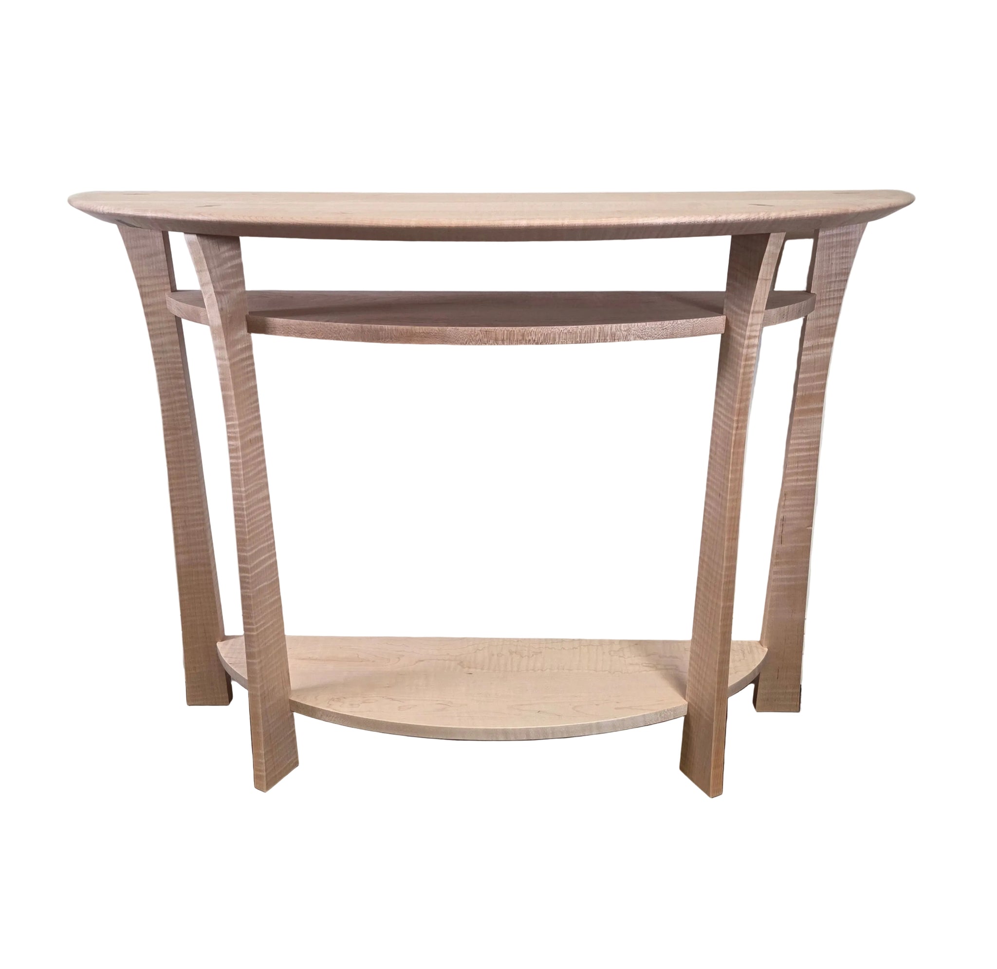 Wooden console table with two shelves against a white wall.