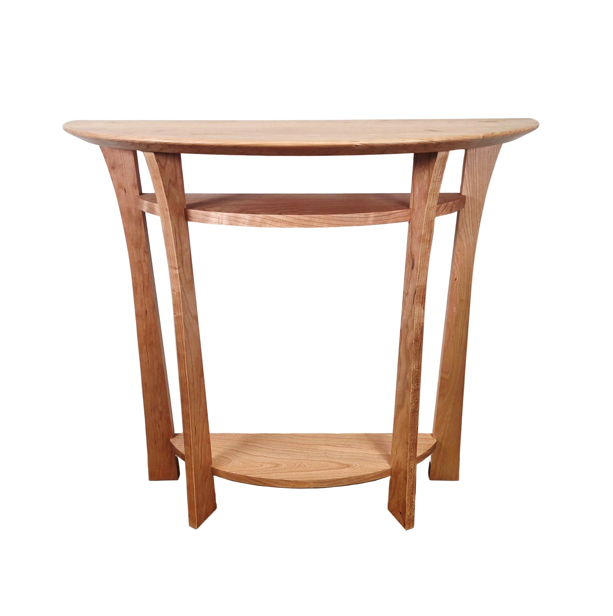 Wooden side table with two shelves against a white wall.