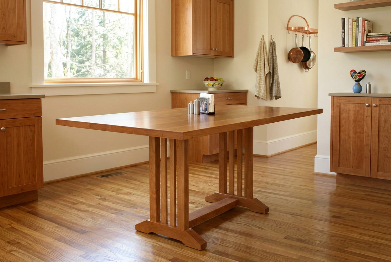Cherry Arts and Crafts Banquette Table made by Hardwood Artisans in kitchen setting on wood floors