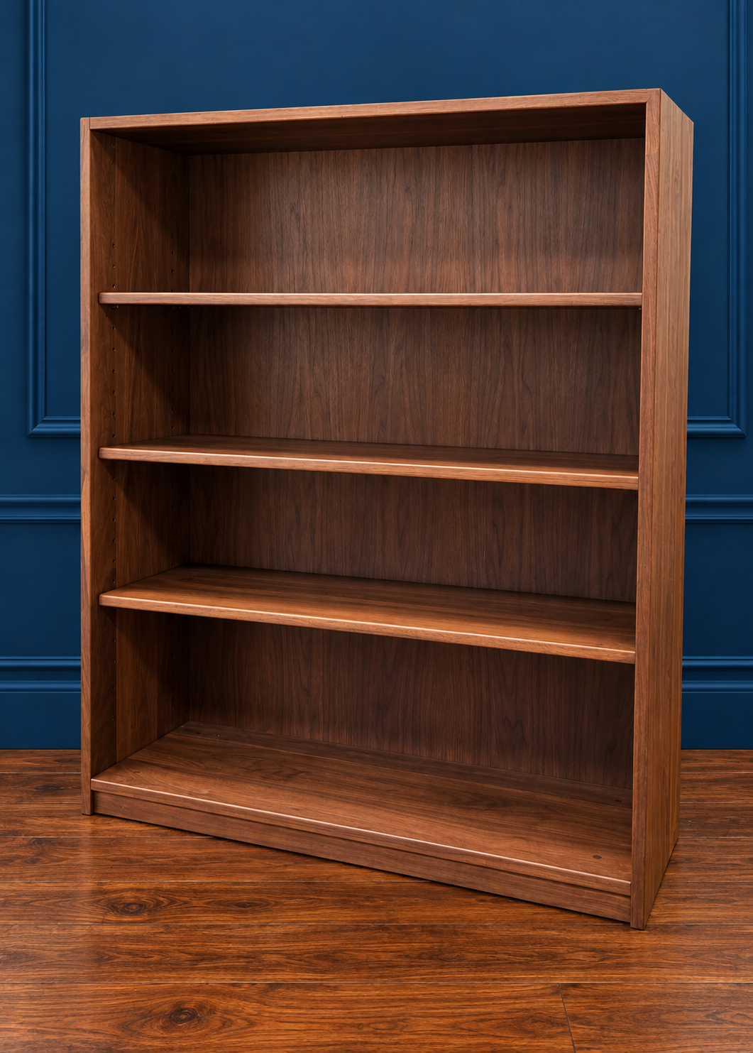 Handcrafted Basic Bookcase in walnut with toned lacquer finish, featuring three adjustable shelves and a compact 36-inch-wide design.