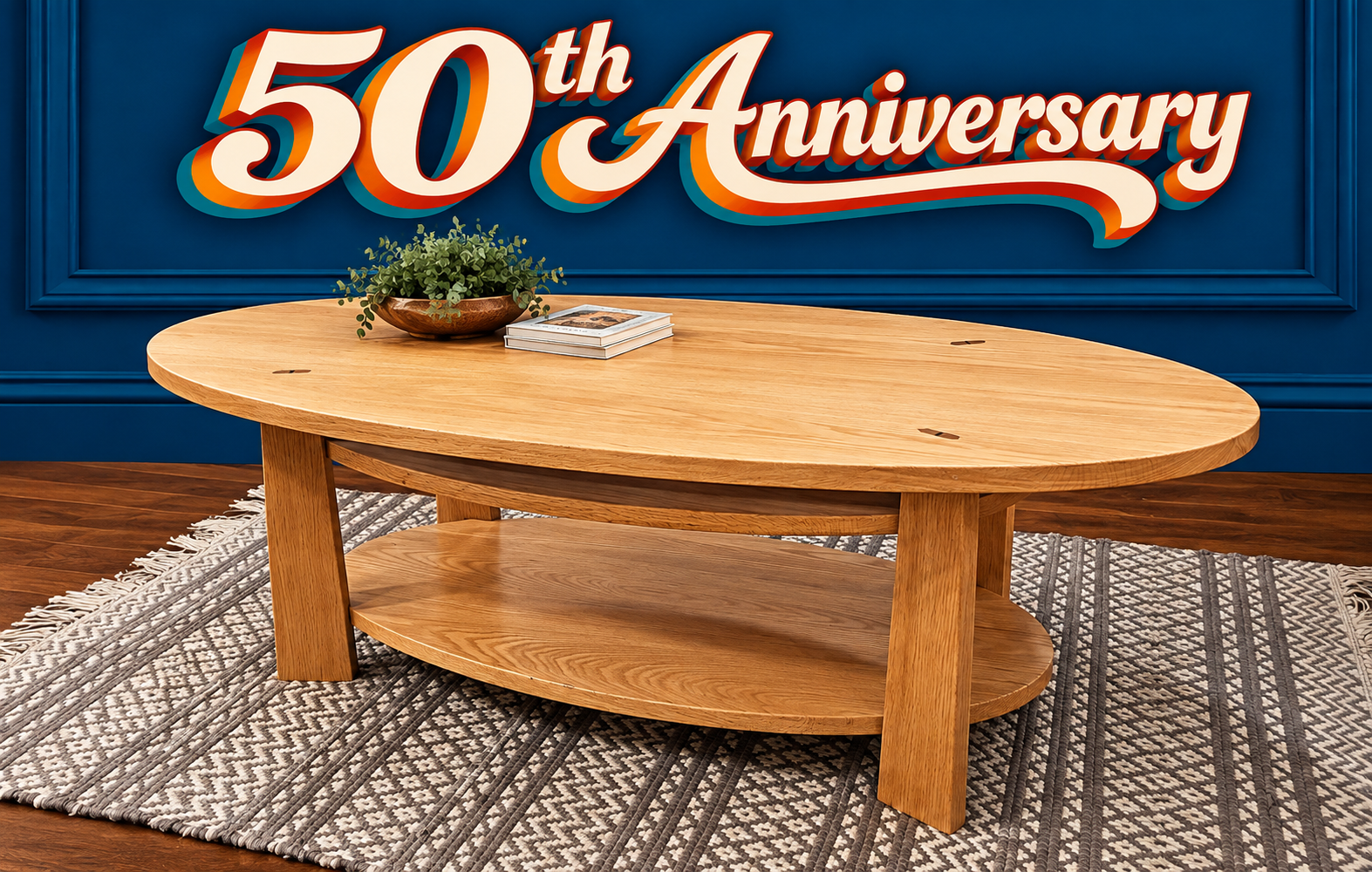 Bungalow Oval Coffee Table in Red Oak with through-tenon joinery and two storage shelves.