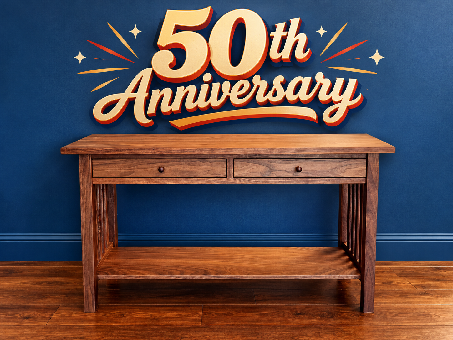 Hardwood Artisans Crofters Hall Table handcrafted in solid walnut with Danish oil finish, featuring two drawers, Craftsman-style slatted sides and a full-length lower shelf.