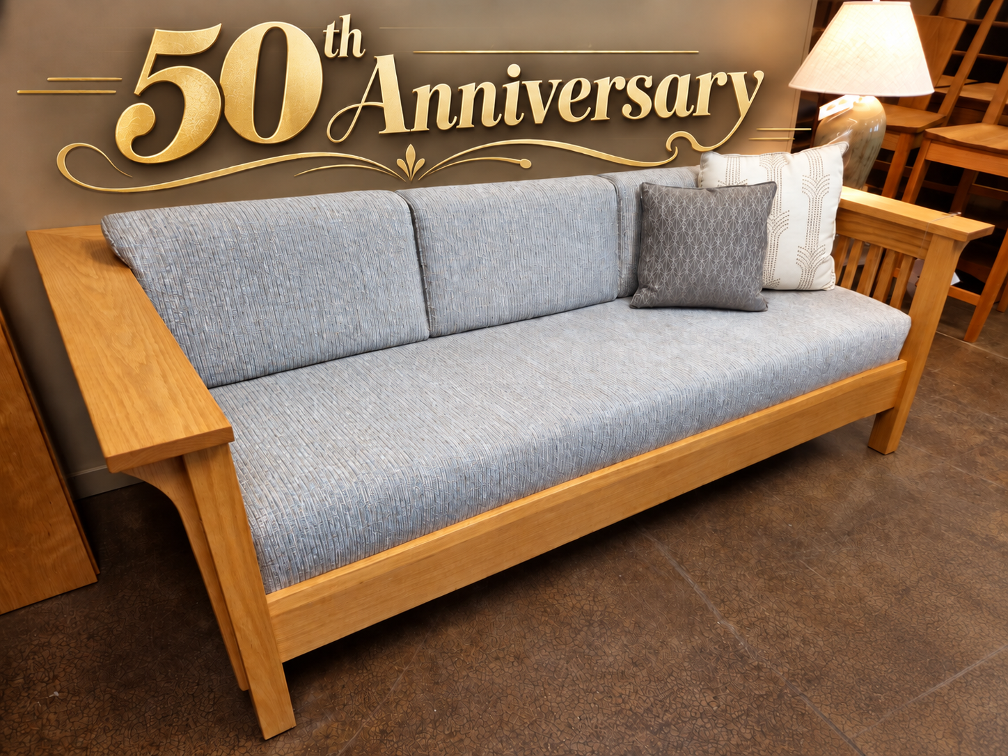 Crofter’s Tight Seat Sofa in Red Oak with Danish Oil finish and Dusk upholstery.