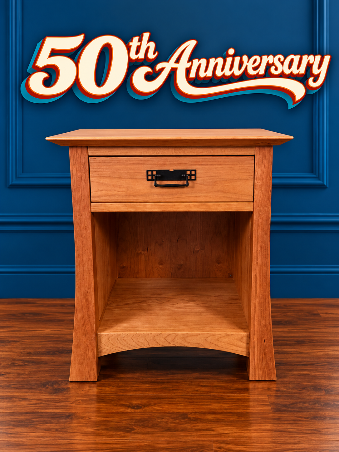 Pair of solid cherry Glasgow Nightstands with dovetailed drawers, brass Mackintosh pulls and open storage”