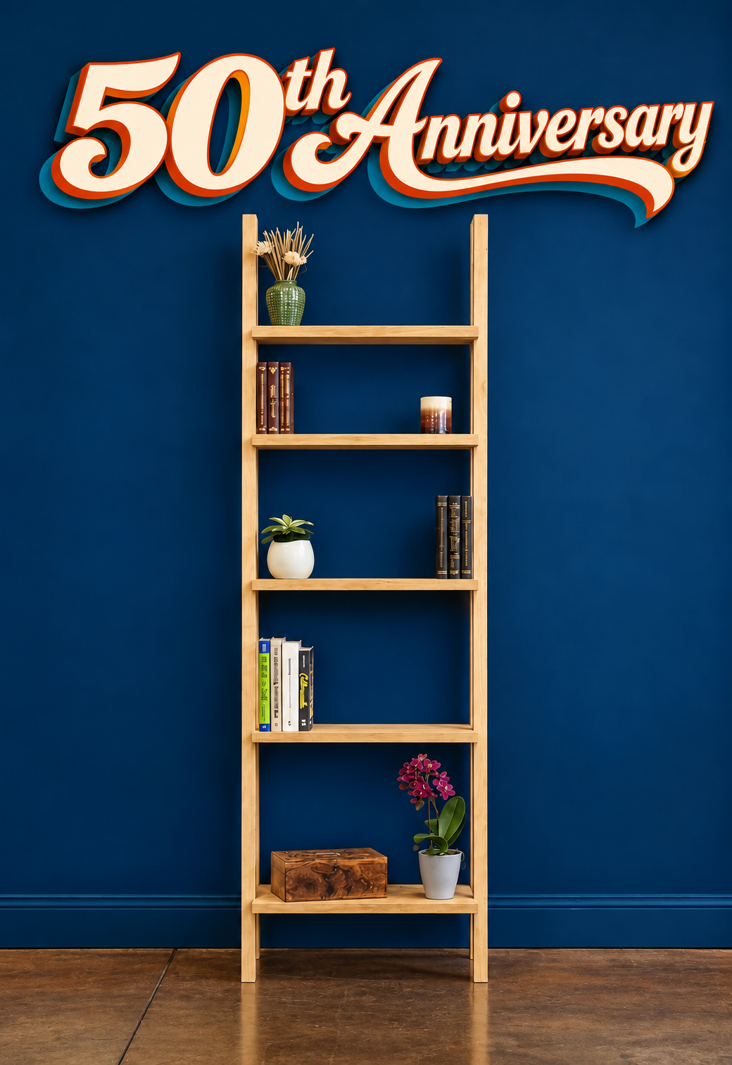 Solid cherry leaning bookcase with Danish Oil finish and five open shelves made in Virginia by Hardwood Artisans