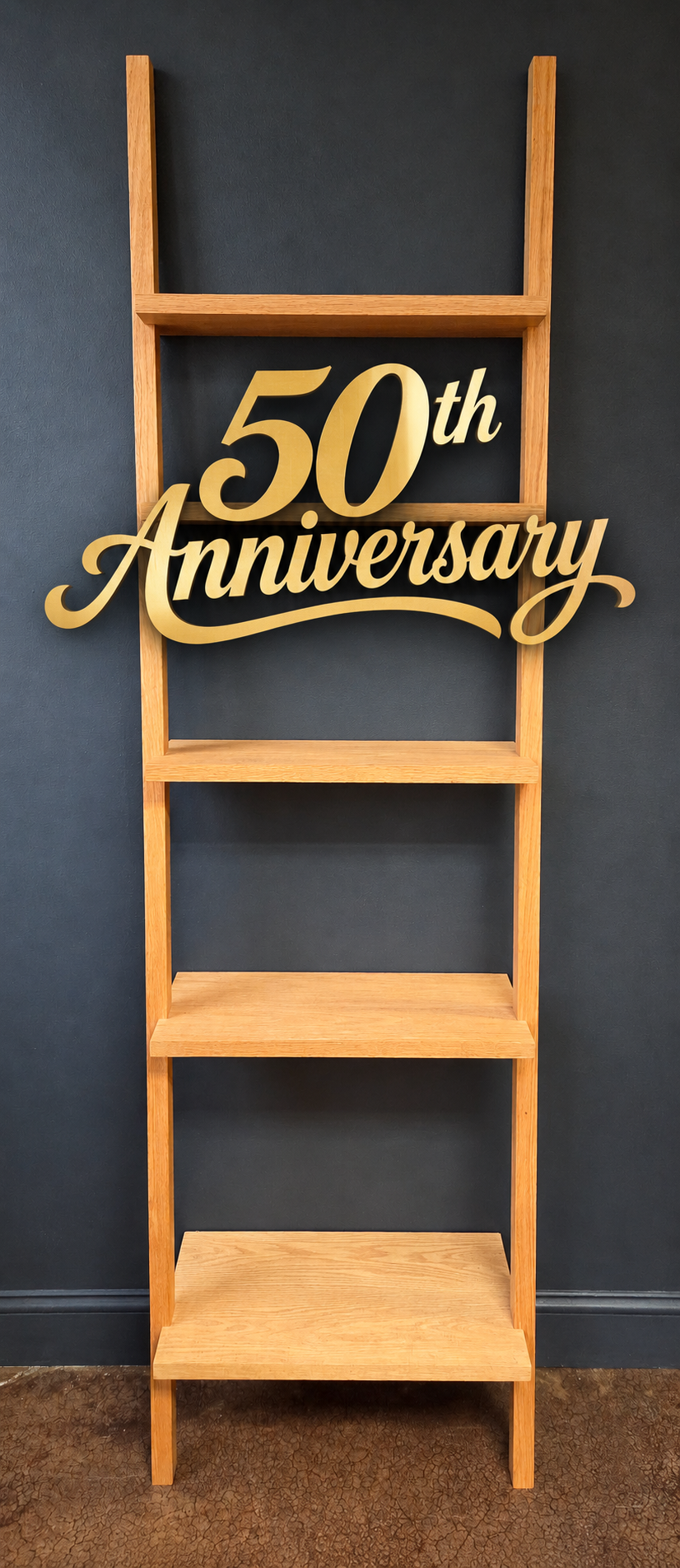 Tall solid red oak leaning bookcase with five open shelves handcrafted from solid wood in Virginia.