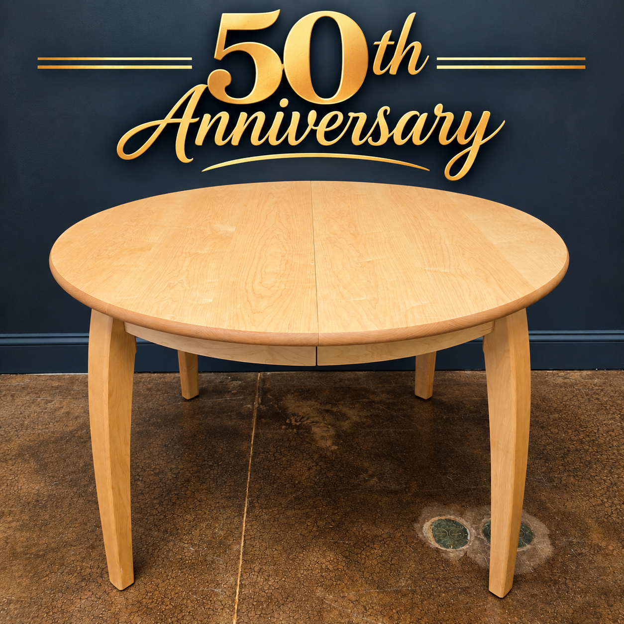 Solid maple Linnaea round extension dining table with four-leg base and Danish Oil finish.
