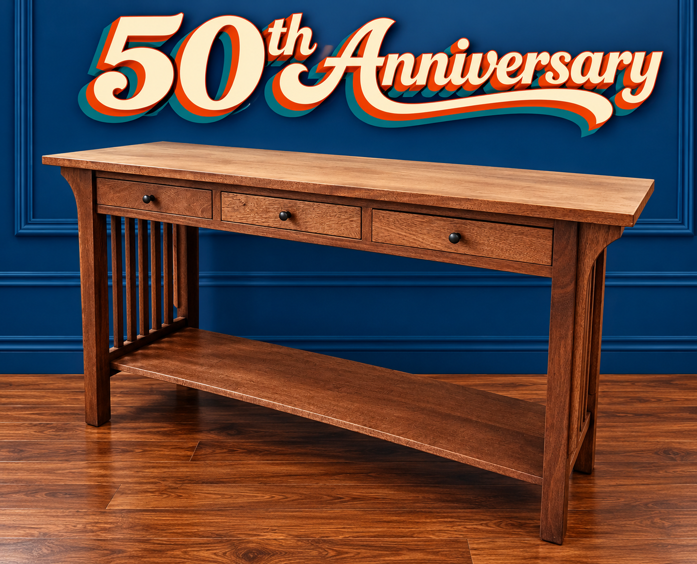 Handcrafted Parlor Hall Table in mahogany with Mahogany Wash Oil finish, three drawers, decorative corbels, slatted sides, and lower shelf.