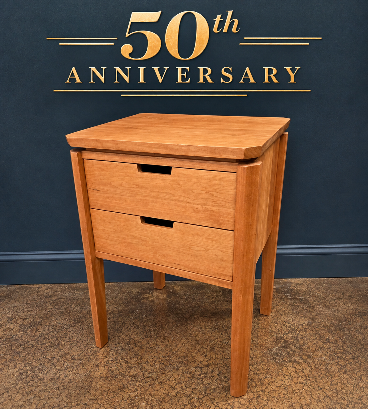 Susan Nightstand handcrafted in solid cherry with Danish oil finish, featuring two storage drawers, recessed finger pulls, and tapered legs.