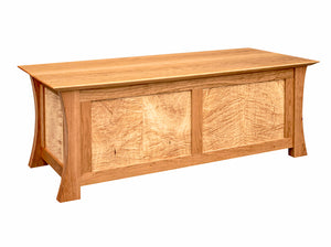 Waterfall Bench Chest in Natural Cherry with Curly Maple Panels is solid bedroom furniture made to order by Hardwood Artisans