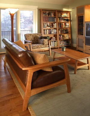 Linnaea Loveseat shown w/ Linnaea Chair and Coffee Table in Natural Cherry luxury apartment condo furniture in Washington DC