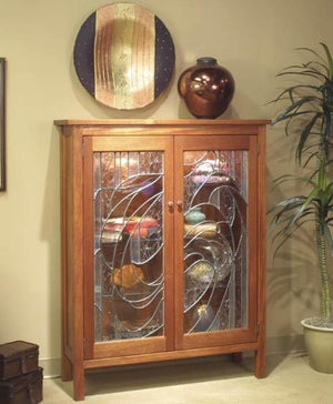 Craftsman Library w/ Custom Art Glass in Contemporary Curve pattern in Mahogany - Free Standing Hand-Finished Cabinetry Furniture crafted near Sperryville, VA