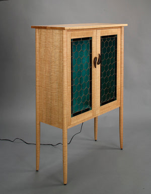 Library in Curly Maple w/ Art Glass & tapered legs, Custom Sustainable Cabinet Design by Hardwood Artisans near Spotsylvania