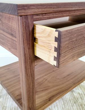 Modern Shaker 1-Drawer nightstand in Walnut showing drawer detail and dovetail joinery made by hand in Washingtin, D.C.
