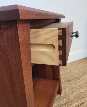 Baton Rouge nightstand in mahogany showing drawer dovetail detail made by hand in Culpeper, VA