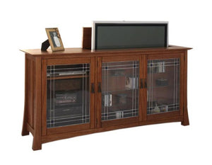 Glasgow TV Lift shown with open flat screen TV lift system of hidden TV, available in an assortment of handcrafted hardwoods