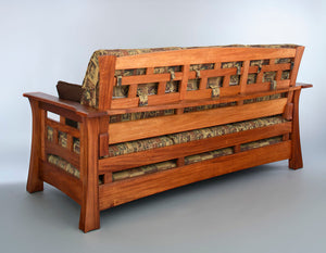 Mackintosh Tall-Back Loveseat Sofa in Walnut, showing back detail, living room furniture by Hardwood Artisans near Arlington