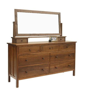 Craftsman Grand Mesa in Walnut with mirror reveals classic solid wood bedroom furniture, custom made near Loudoun County VA