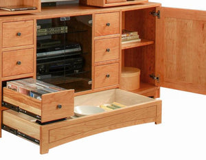 Artisan Entertainment Library center in Cherry displays cabinets & drawers in a handmade hardwood generational furniture item