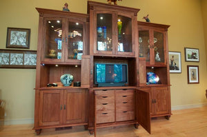 Display Case shown in Mahogany, unique gift idea Custom Cabinet Design for collectibles Made in Virginia by Hardwood Artisans