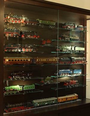 Display Case shown in Birch w/ Espresso Stain, Custom Cabinet Designs to display trains or your collection near Montgomery MD